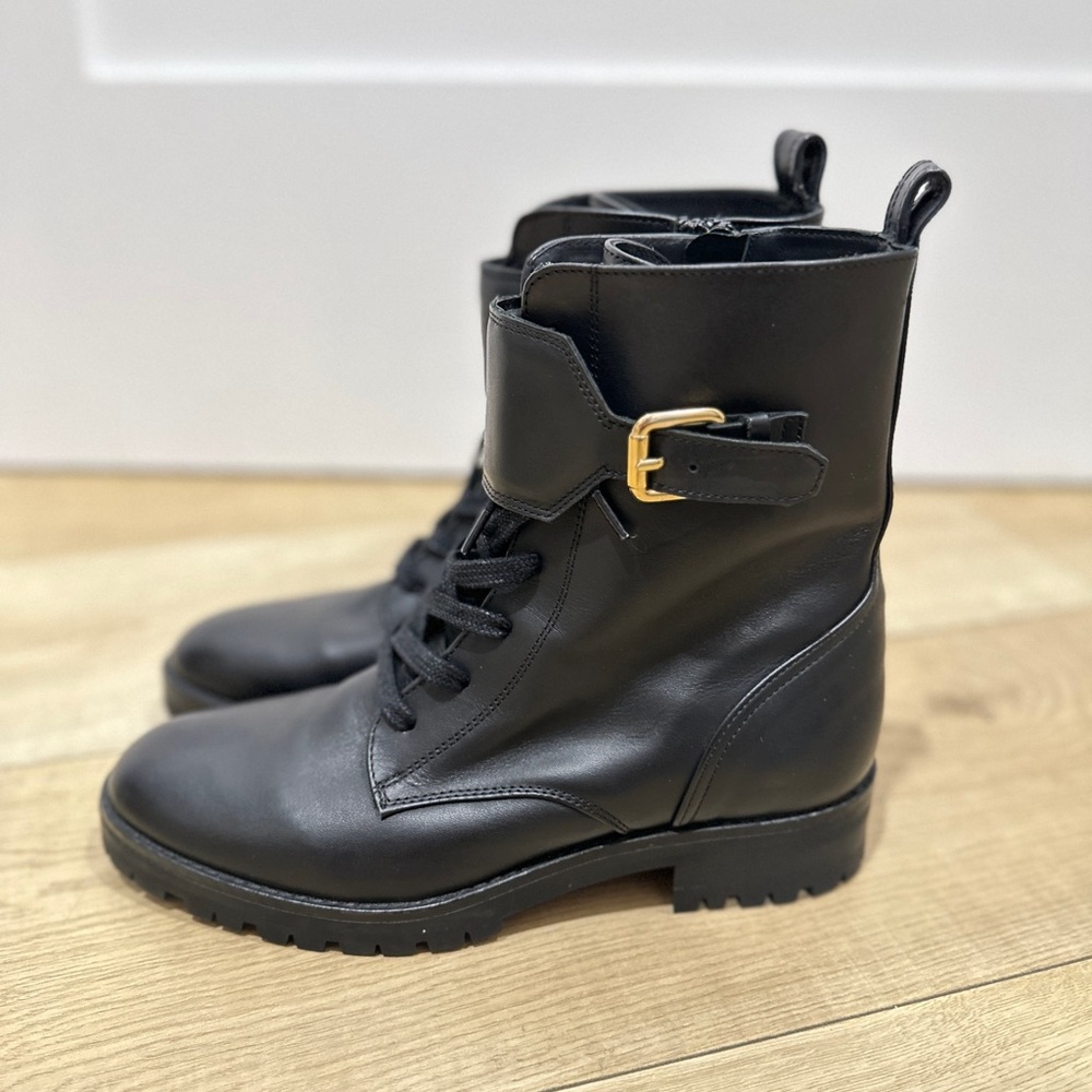 Massimo Dutti Black Combat Boots with Gold Buckle